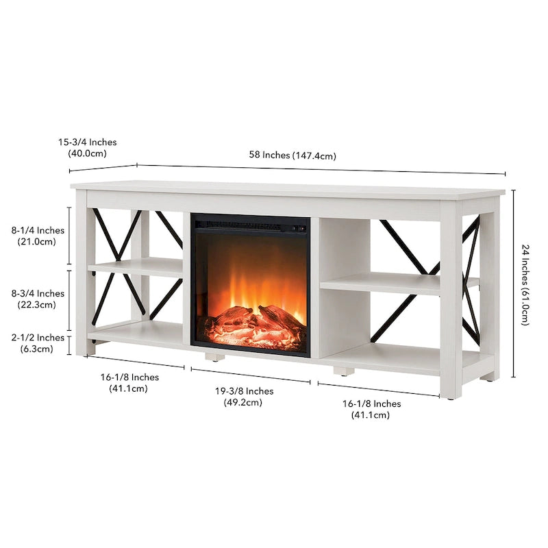 65" Modern Farmhouse TV Stand with Electric Fireplace, X-Shaped Metal Accents & 75 lb Top Capacity