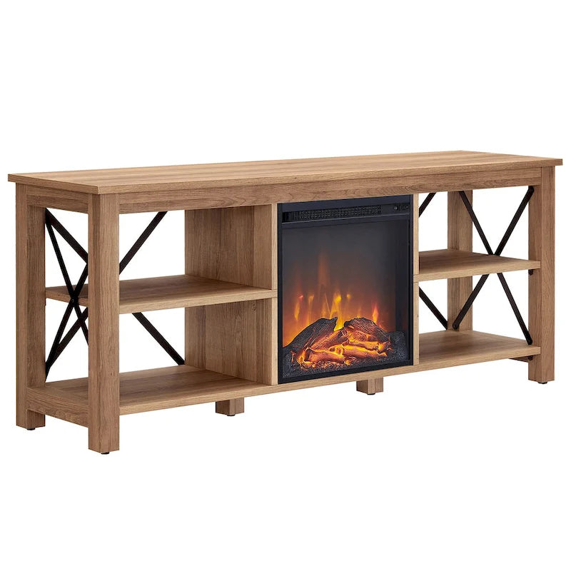 65" Modern Farmhouse TV Stand with Electric Fireplace, X-Shaped Metal Accents & 75 lb Top Capacity