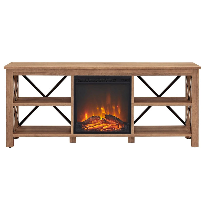 65" Modern Farmhouse TV Stand with Electric Fireplace, X-Shaped Metal Accents & 75 lb Top Capacity