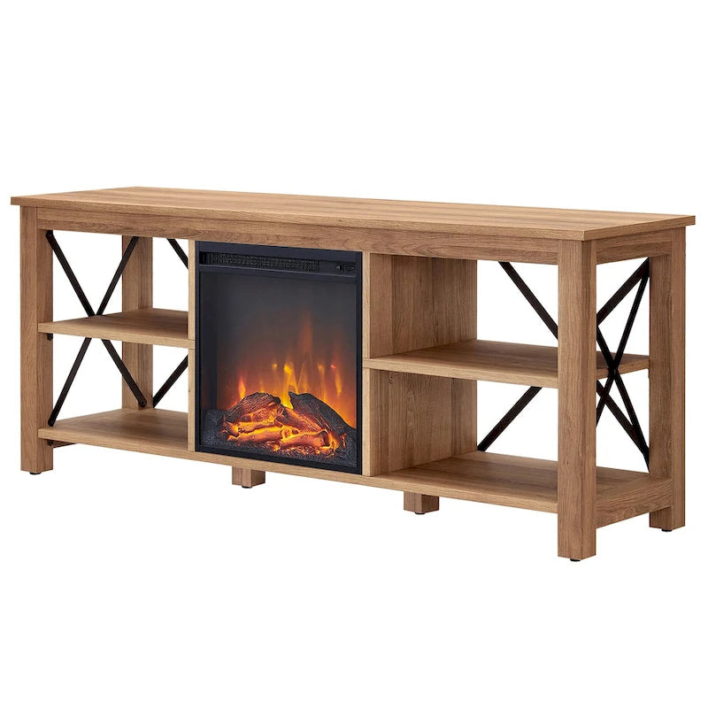 65" Modern Farmhouse TV Stand with Electric Fireplace, X-Shaped Metal Accents & 75 lb Top Capacity