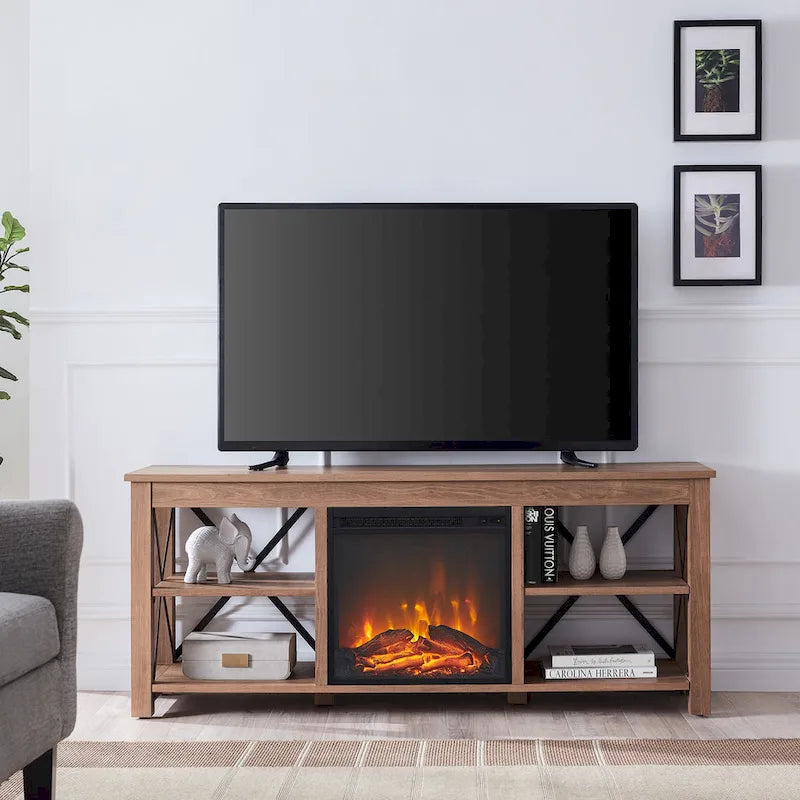 65" Modern Farmhouse TV Stand with Electric Fireplace, X-Shaped Metal Accents & 75 lb Top Capacity