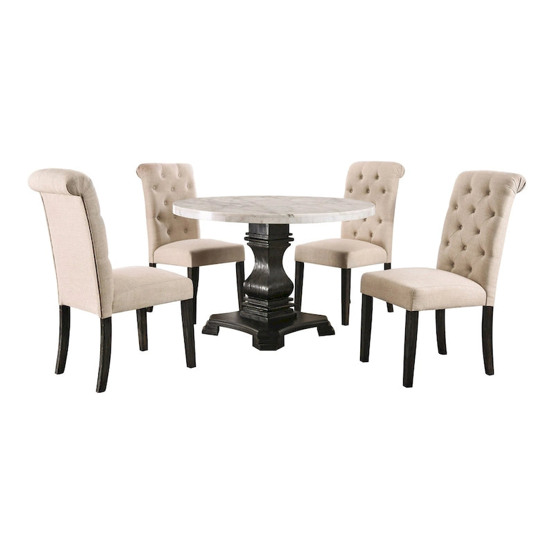 5-Piece Dining Set with Marble Tabletop & Upholstered Chairs, Country Style, 48" Table, 250 lb Chair Capacity