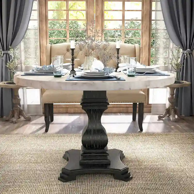 5-Piece Dining Set with Marble Tabletop & Upholstered Chairs, Country Style, 48" Table, 250 lb Chair Capacity