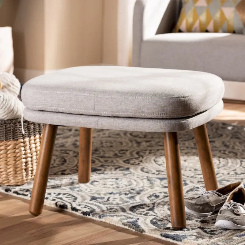 Mid-Century Modern Ottoman with Solid Rubberwood Legs, 23" Wide Polyester Fabric, Multiple Colors