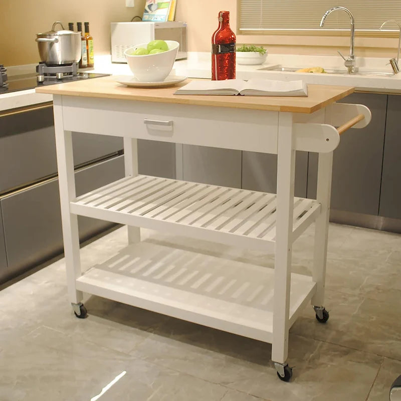 Rolling Kitchen Island with 2 Locking Casters, 40"L Storage Cart, Cabinet & Drawer for Organization