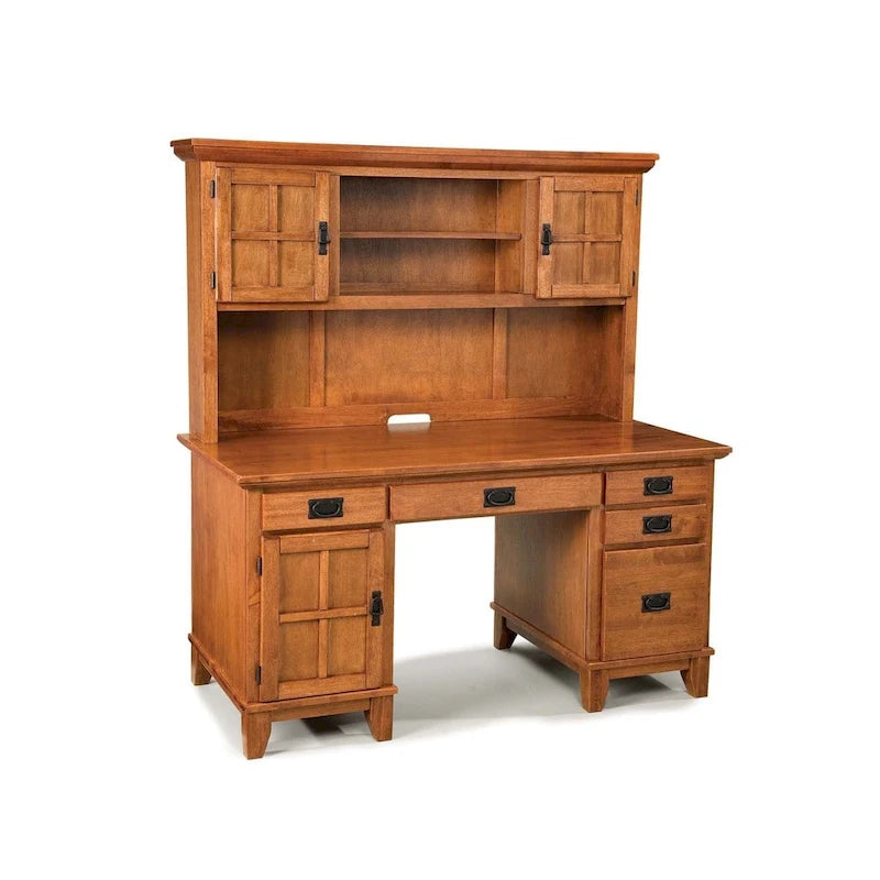Craftsman-style wooden desk and bookshelf combination with a cabin-like base.