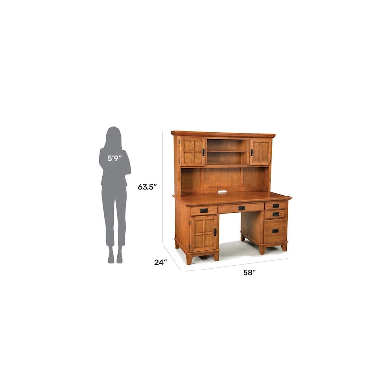 Craftsman-style wooden desk and bookshelf combination with a cabin-like base.