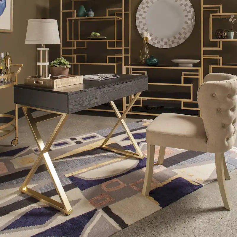 Home Office Desk with Flip-Top Side Panel, Pull-Out Drawer & Gold X-Base, In-Desk Power Station