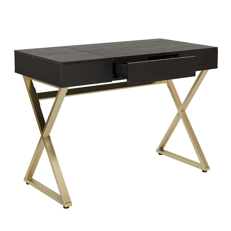 Home Office Desk with Flip-Top Side Panel, Pull-Out Drawer & Gold X-Base, In-Desk Power Station