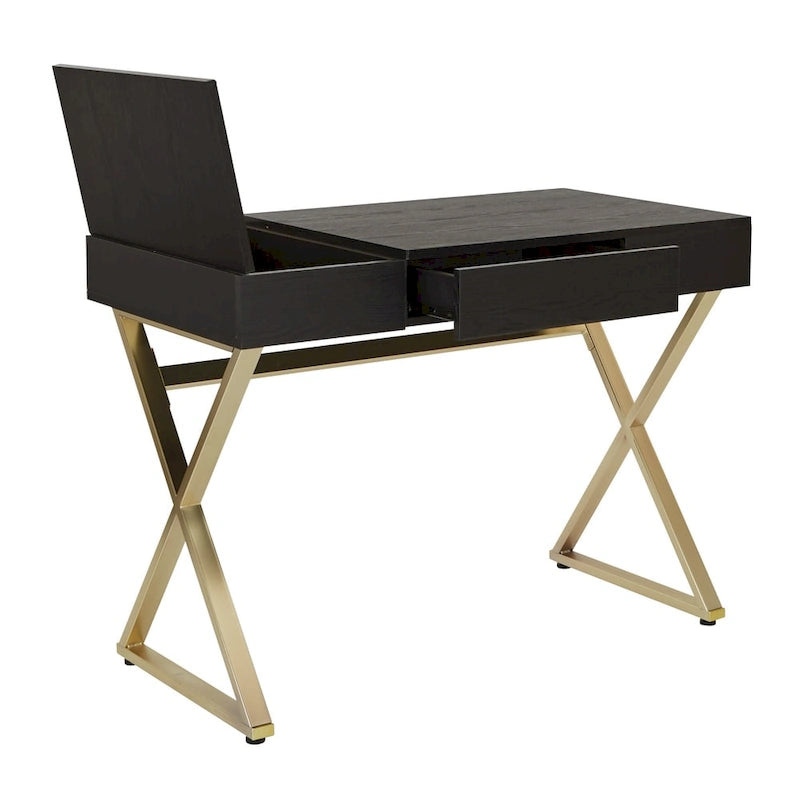 Home Office Desk with Flip-Top Side Panel, Pull-Out Drawer & Gold X-Base, In-Desk Power Station