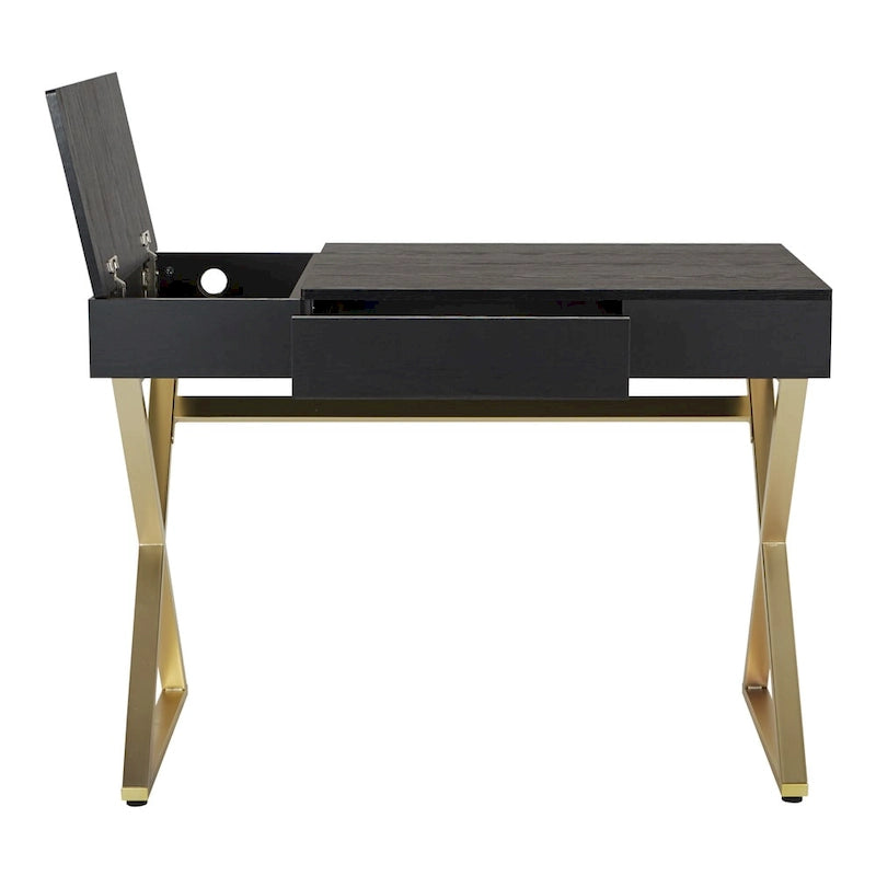Home Office Desk with Flip-Top Side Panel, Pull-Out Drawer & Gold X-Base, In-Desk Power Station