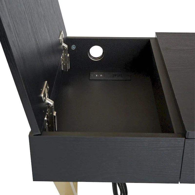 Home Office Desk with Flip-Top Side Panel, Pull-Out Drawer & Gold X-Base, In-Desk Power Station