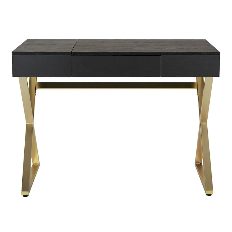 Home Office Desk with Flip-Top Side Panel, Pull-Out Drawer & Gold X-Base, In-Desk Power Station