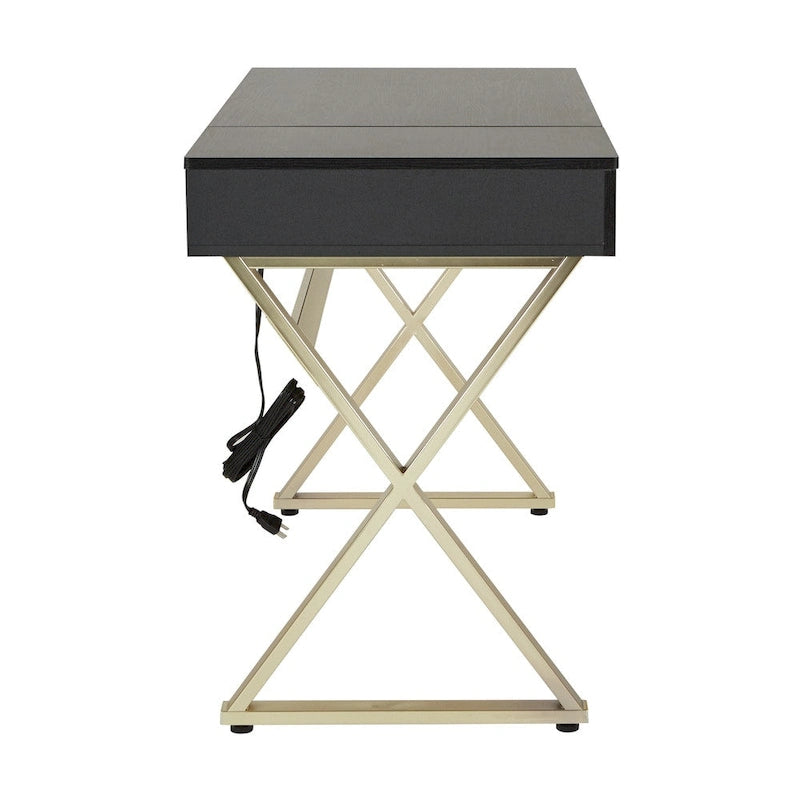 Home Office Desk with Flip-Top Side Panel, Pull-Out Drawer & Gold X-Base, In-Desk Power Station