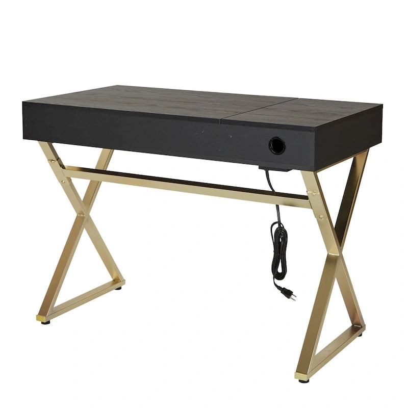 Home Office Desk with Flip-Top Side Panel, Pull-Out Drawer & Gold X-Base, In-Desk Power Station