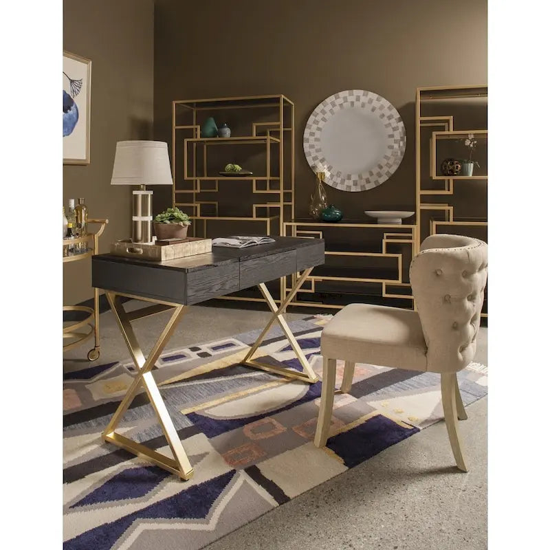 Home Office Desk with Flip-Top Side Panel, Pull-Out Drawer & Gold X-Base, In-Desk Power Station