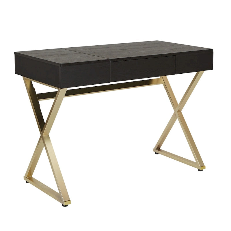 Home Office Desk with Flip-Top Side Panel, Pull-Out Drawer & Gold X-Base, In-Desk Power Station