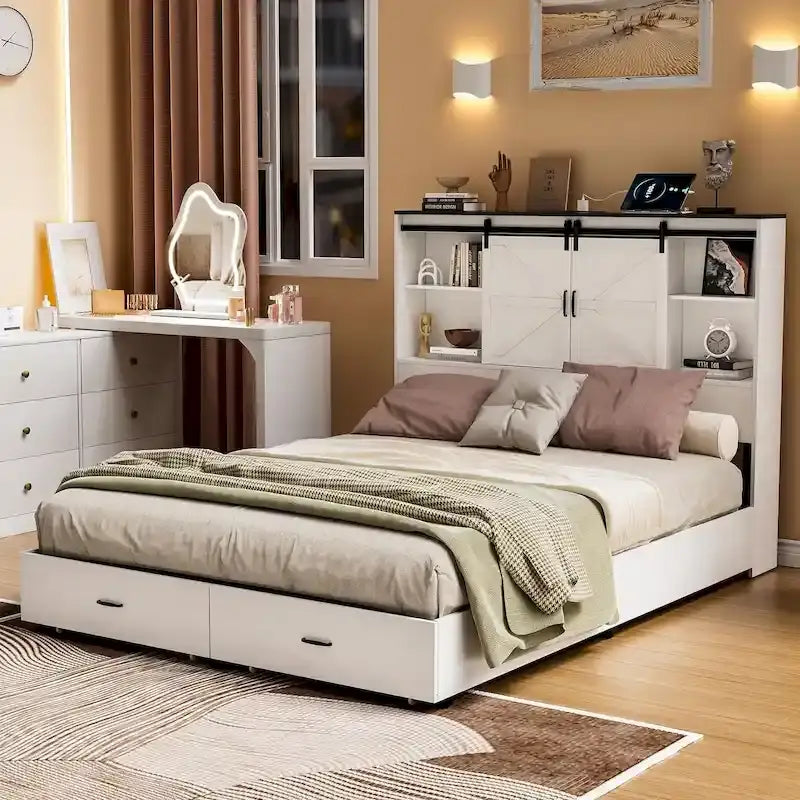 Queen Size Farmhouse Bed Frame with Bookshelf Headboard, Charging Station & 2 Drawers, No Box Spring Needed
