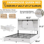 Queen Size Farmhouse Bed Frame with Bookshelf Headboard, Charging Station & 2 Drawers, No Box Spring Needed