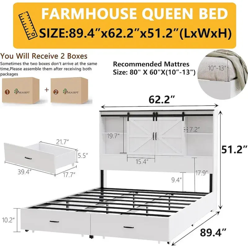 Queen Size Farmhouse Bed Frame with Bookshelf Headboard, Charging Station & 2 Drawers, No Box Spring Needed