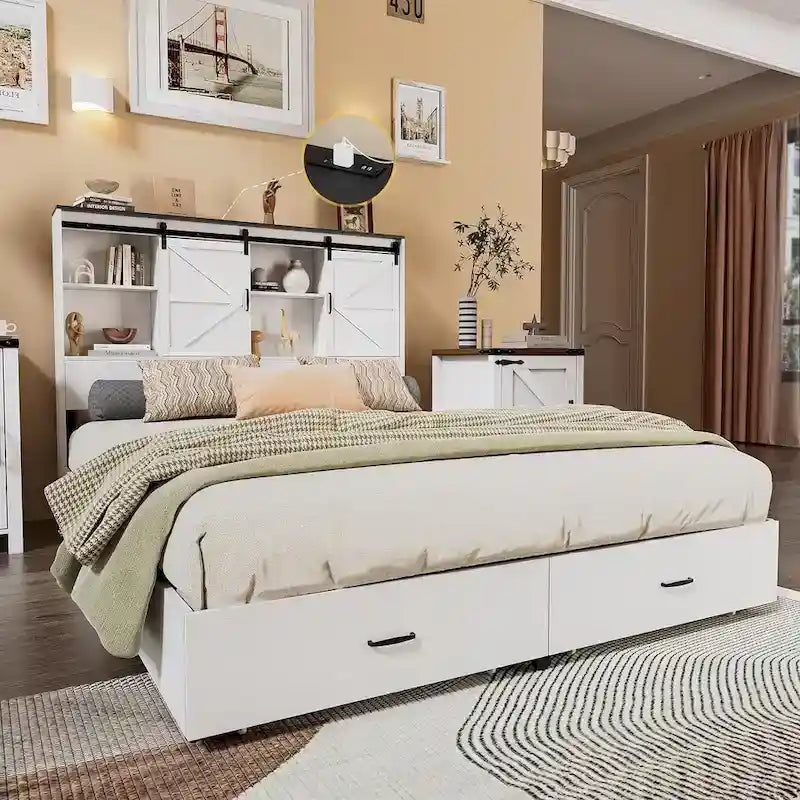 Queen Size Farmhouse Bed Frame with Bookshelf Headboard, Charging Station & 2 Drawers, No Box Spring Needed