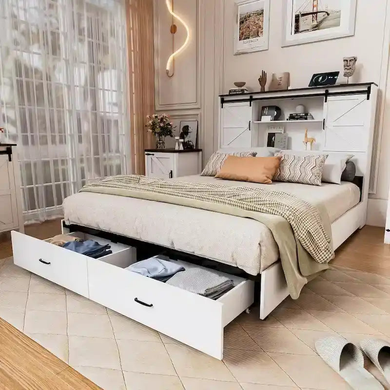 Queen Size Farmhouse Bed Frame with Bookshelf Headboard, Charging Station & 2 Drawers, No Box Spring Needed