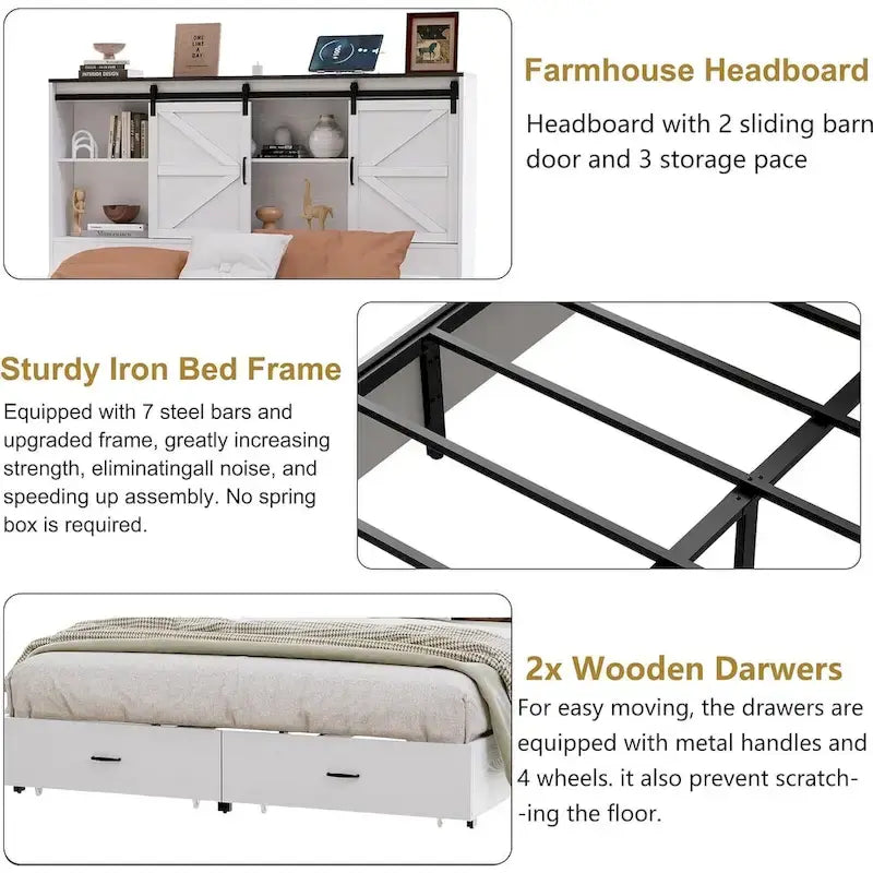 Queen Size Farmhouse Bed Frame with Bookshelf Headboard, Charging Station & 2 Drawers, No Box Spring Needed