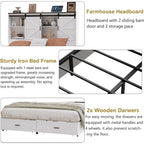 Queen Size Farmhouse Bed Frame with Bookshelf Headboard, Charging Station & 2 Drawers, No Box Spring Needed