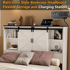 Queen Size Farmhouse Bed Frame with Bookshelf Headboard, Charging Station & 2 Drawers, No Box Spring Needed