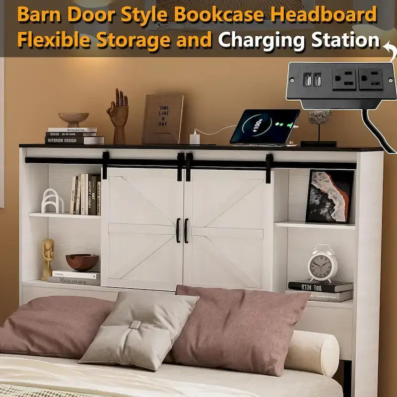 Queen Size Farmhouse Bed Frame with Bookshelf Headboard, Charging Station & 2 Drawers, No Box Spring Needed