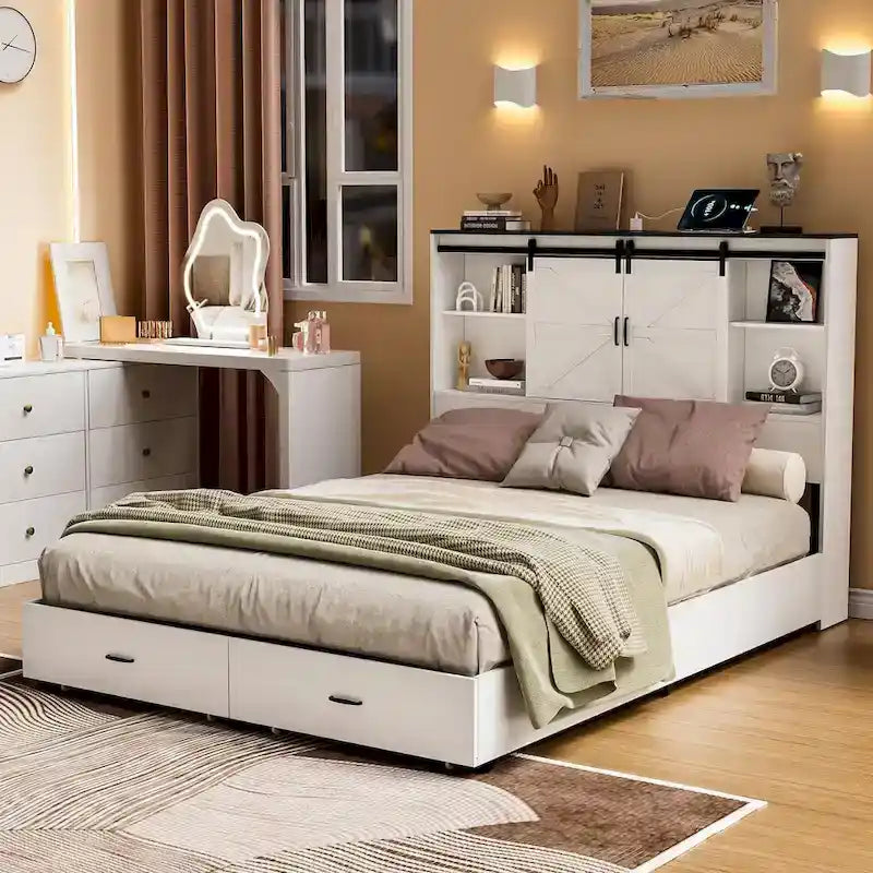 Queen Size Farmhouse Bed Frame with Bookshelf Headboard, Charging Station & 2 Drawers, No Box Spring Needed