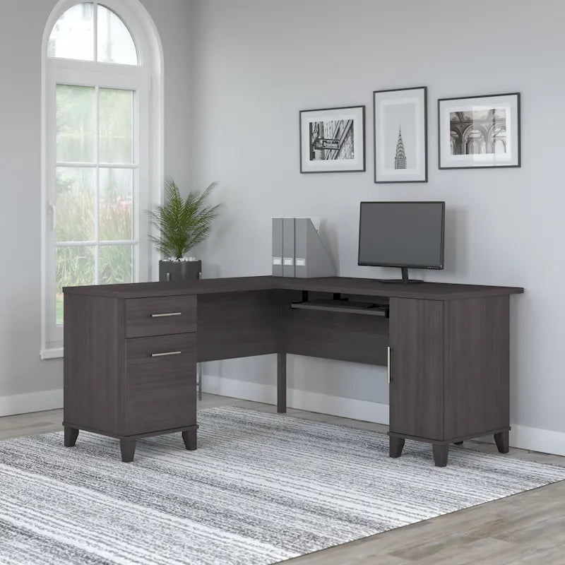 60W L-Shaped Corner Desk with Storage Cabinet, File Drawer & Keyboard Tray, Transitional Home Office Desk