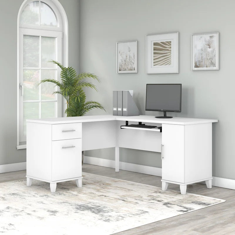 60W L-Shaped Corner Desk with Storage Cabinet, File Drawer & Keyboard Tray, Transitional Home Office Desk