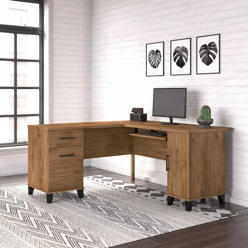 60W L-Shaped Corner Desk with Storage Cabinet, File Drawer & Keyboard Tray, Transitional Home Office Desk