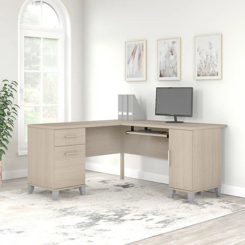 60W L-Shaped Corner Desk with Storage Cabinet, File Drawer & Keyboard Tray, Transitional Home Office Desk