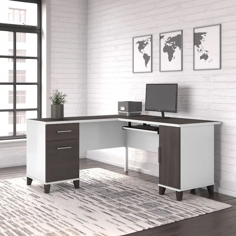 60W L-Shaped Corner Desk with Storage Cabinet, File Drawer & Keyboard Tray, Transitional Home Office Desk