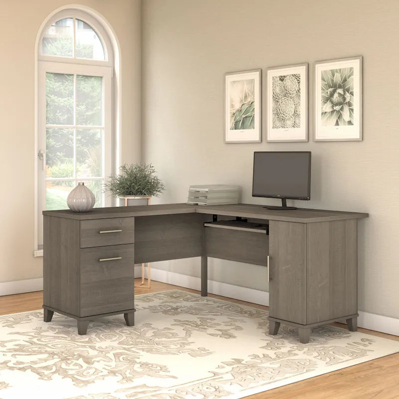 60W L-Shaped Corner Desk with Storage Cabinet, File Drawer & Keyboard Tray, Transitional Home Office Desk