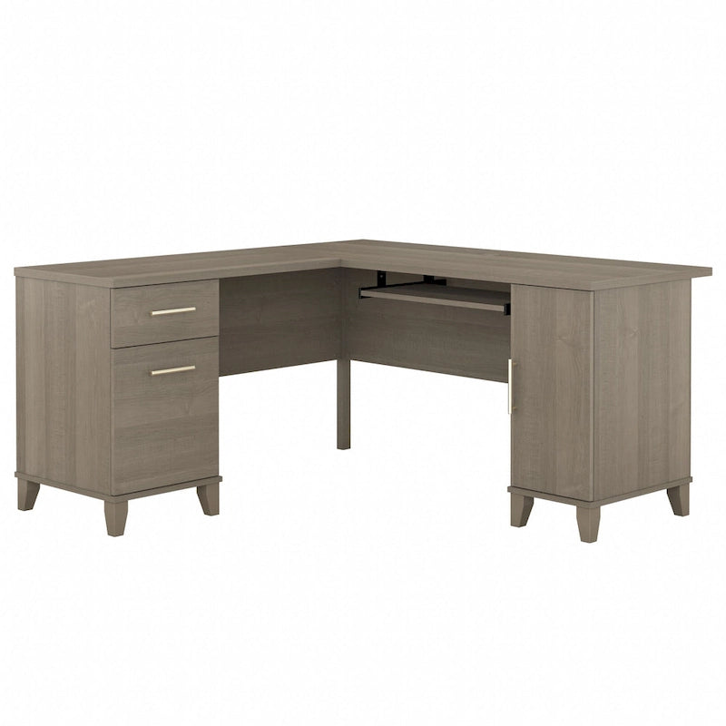 60W L-Shaped Corner Desk with Storage Cabinet, File Drawer & Keyboard Tray, Transitional Home Office Desk