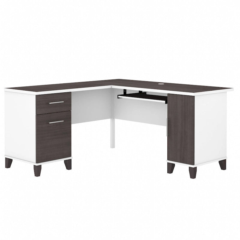60W L-Shaped Corner Desk with Storage Cabinet, File Drawer & Keyboard Tray, Transitional Home Office Desk