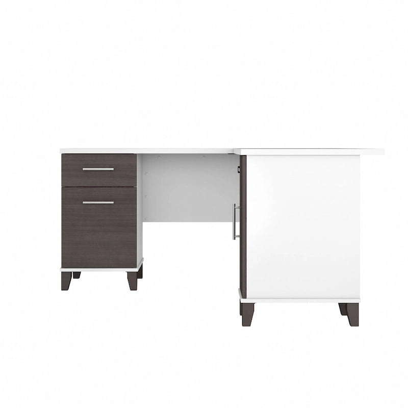 60W L-Shaped Corner Desk with Storage Cabinet, File Drawer & Keyboard Tray, Transitional Home Office Desk
