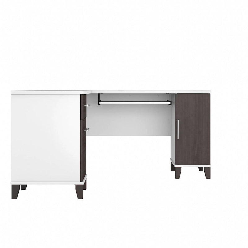 60W L-Shaped Corner Desk with Storage Cabinet, File Drawer & Keyboard Tray, Transitional Home Office Desk