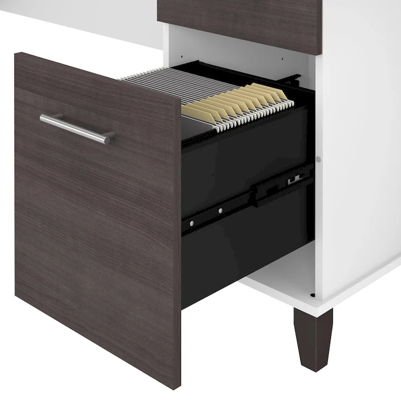 60W L-Shaped Corner Desk with Storage Cabinet, File Drawer & Keyboard Tray, Transitional Home Office Desk