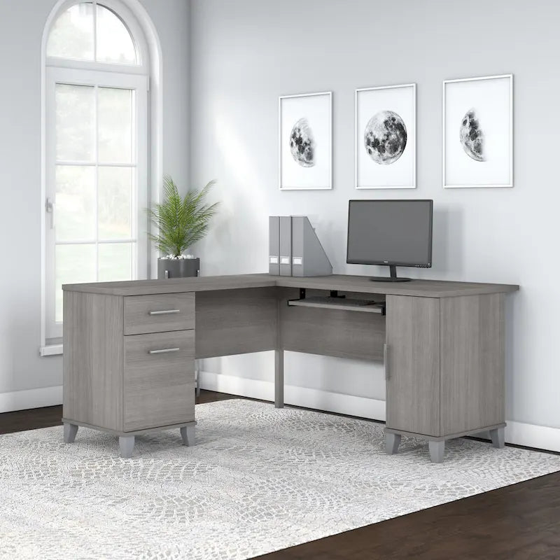 60W L-Shaped Corner Desk with Storage Cabinet, File Drawer & Keyboard Tray, Transitional Home Office Desk