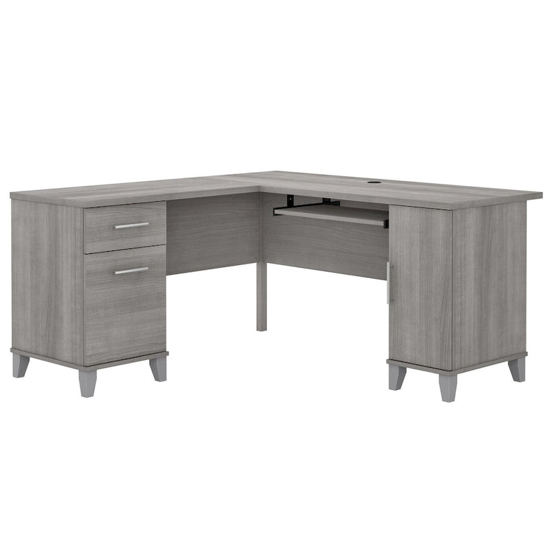 60W L-Shaped Corner Desk with Storage Cabinet, File Drawer & Keyboard Tray, Transitional Home Office Desk