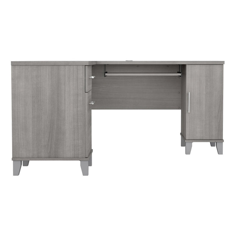 60W L-Shaped Corner Desk with Storage Cabinet, File Drawer & Keyboard Tray, Transitional Home Office Desk