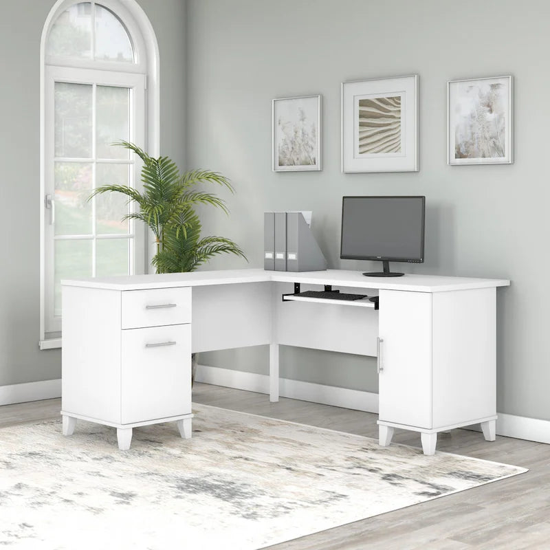 60W L-Shaped Corner Desk with Storage Cabinet, File Drawer & Keyboard Tray, Transitional Home Office Desk