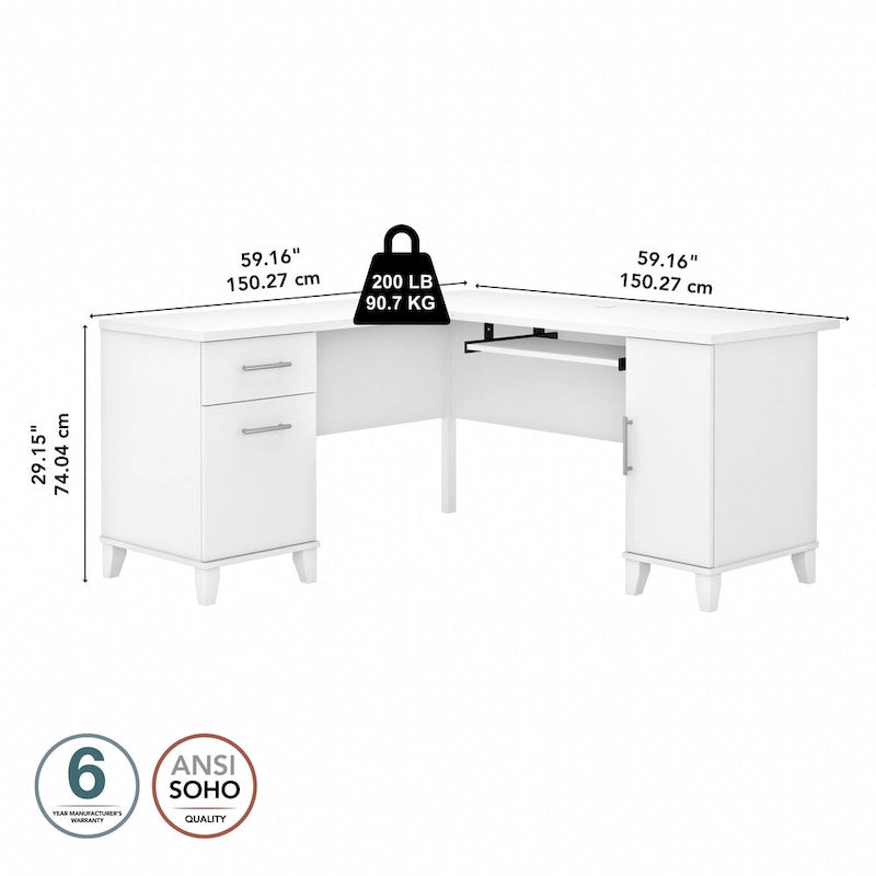 60W L-Shaped Corner Desk with Storage Cabinet, File Drawer & Keyboard Tray, Transitional Home Office Desk