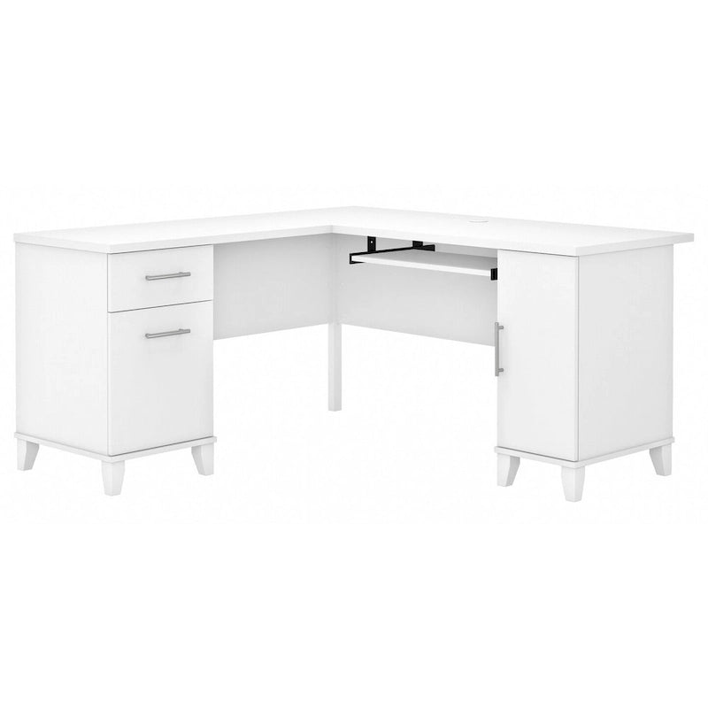 60W L-Shaped Corner Desk with Storage Cabinet, File Drawer & Keyboard Tray, Transitional Home Office Desk