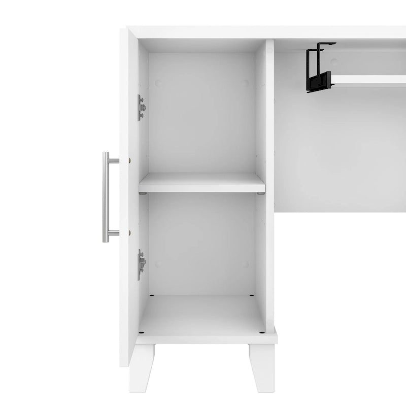 60W L-Shaped Corner Desk with Storage Cabinet, File Drawer & Keyboard Tray, Transitional Home Office Desk