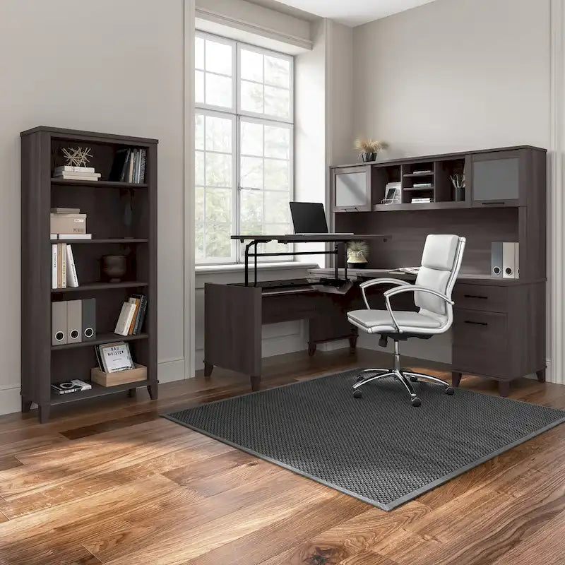 60W L-Shaped Corner Desk with Storage Cabinet, File Drawer & Keyboard Tray, Transitional Home Office Desk